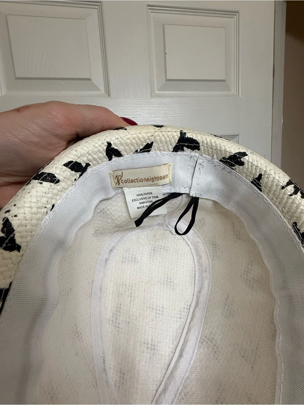 White Straw Hat with Black Bird Print